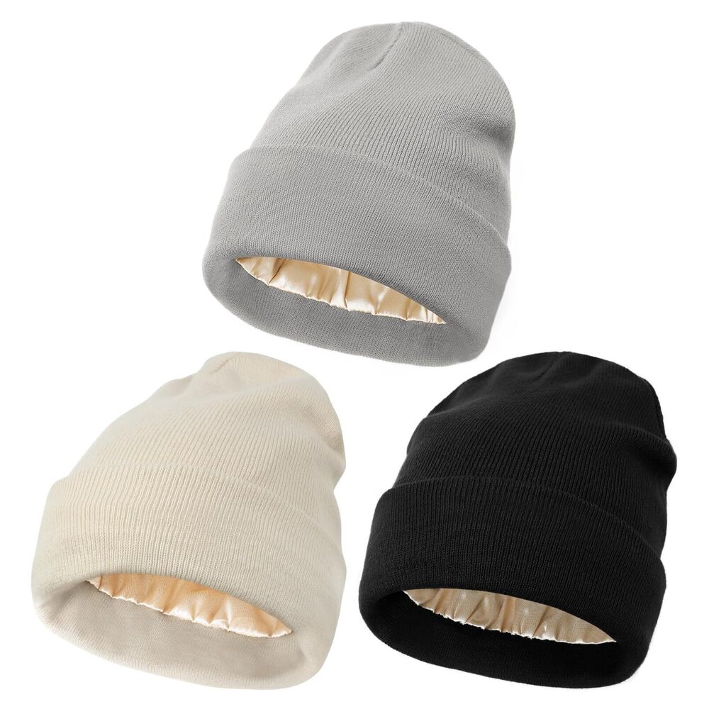 7356 3 Pack Satin Lined Beanie Hats Knit Acrylic Beanie Winter Hat Silk